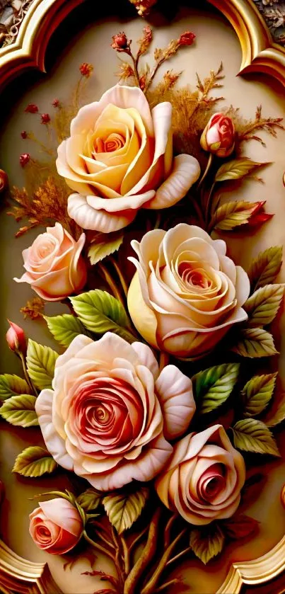 Elegant floral wallpaper with roses and golden frame.