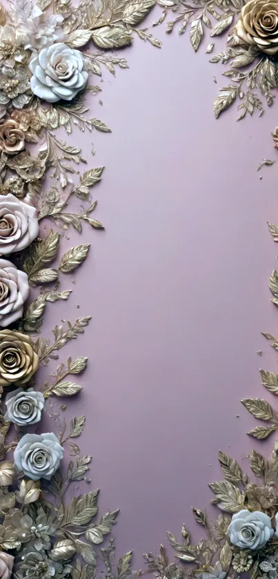 Elegant pink and gold floral rose wallpaper with intricate leaf design.