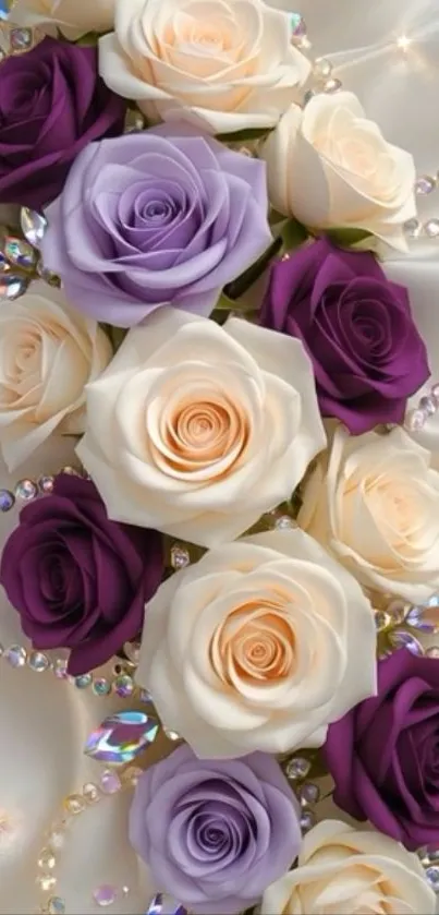 Elegant floral wallpaper with purple and white roses.