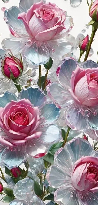 Elegant pink roses and petals with water droplets on floral wallpaper.