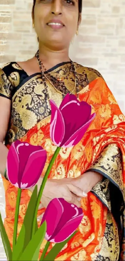 Woman in a floral saree with ornate background.