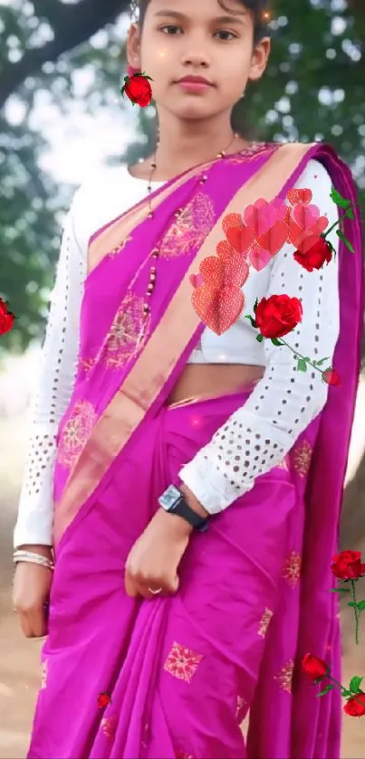 Young girl in magenta sari with floral accents