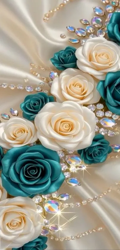 Elegant teal and white roses on satin wallpaper with jewel accents.