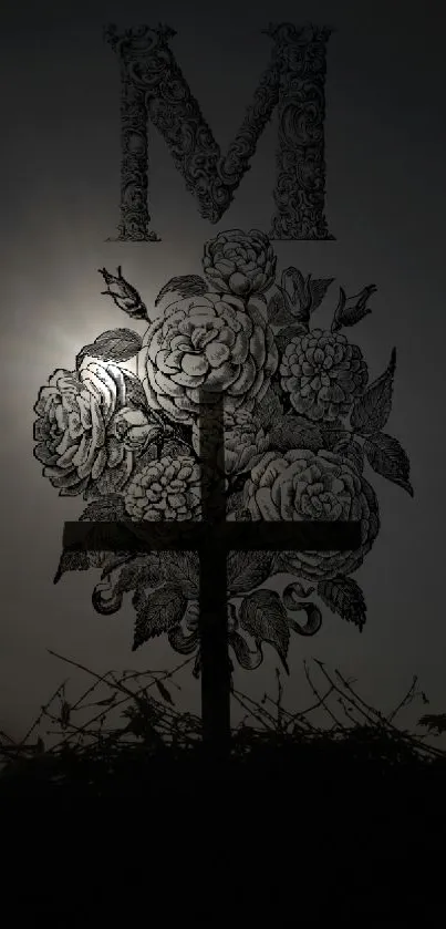 Floral silhouette with cross in dark background