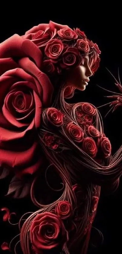 Artistic silhouette with red roses on dark background.