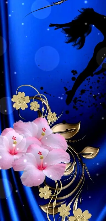 Elegant wallpaper with pink flowers and blue silhouette design.