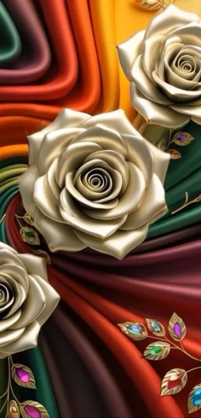 Elegant roses on colorful silk background