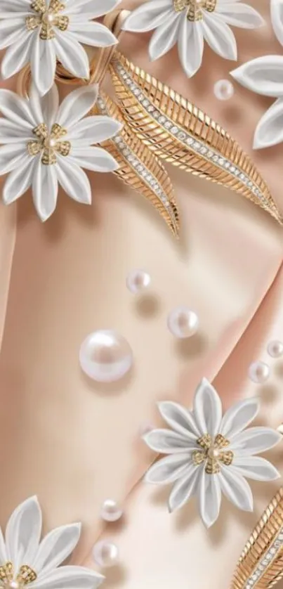 Elegant floral silk mobile wallpaper with pearls.