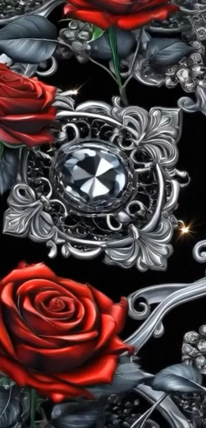 Red roses with silver ornate design on black background.