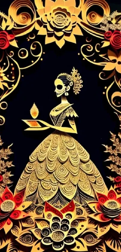 Floral skeleton in an elegant golden design, perfect for mobile backgrounds.