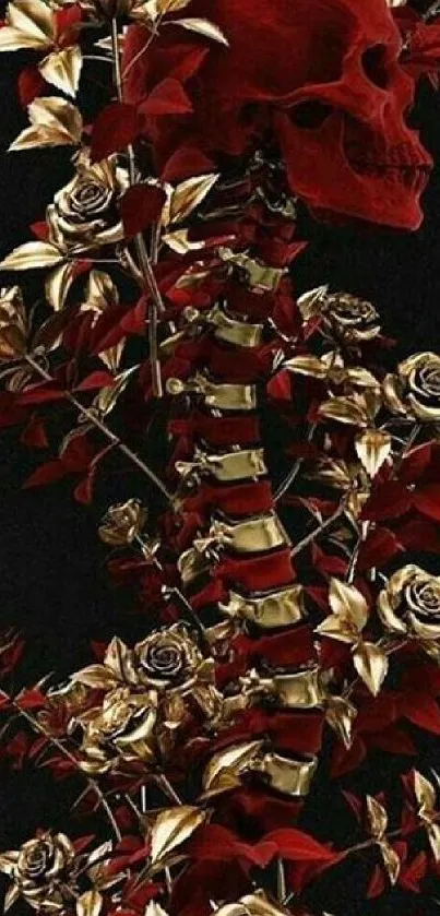 Red skull with golden flowers wallpaper art.