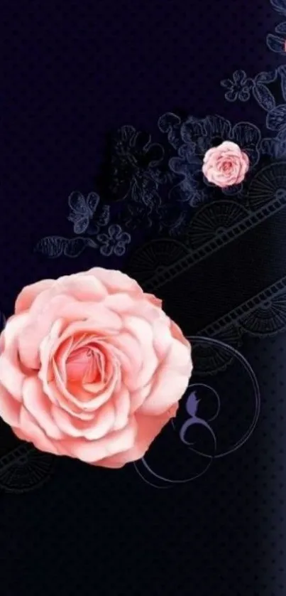 Elegant wallpaper with pink roses on a dark lace background.