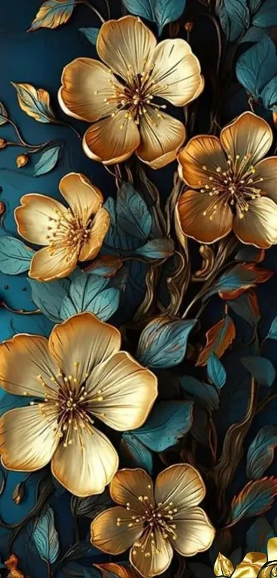 Golden flowers on a teal background in a floral wallpaper.