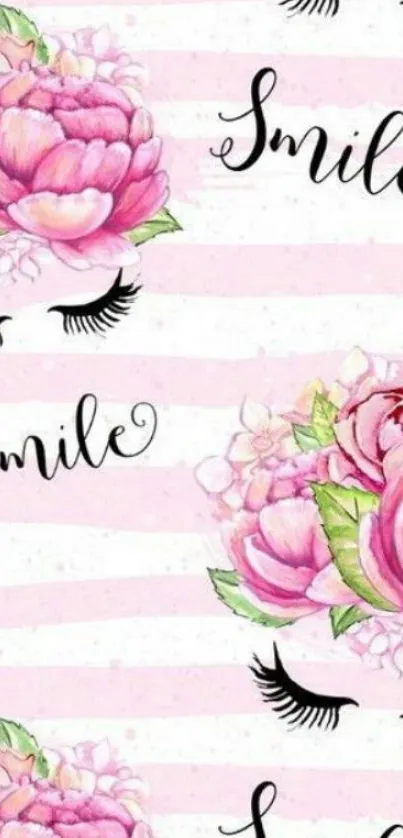 Pink floral wallpaper with smile text and lashes.