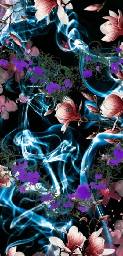 Vibrant floral pattern with abstract blue smoke on black background.