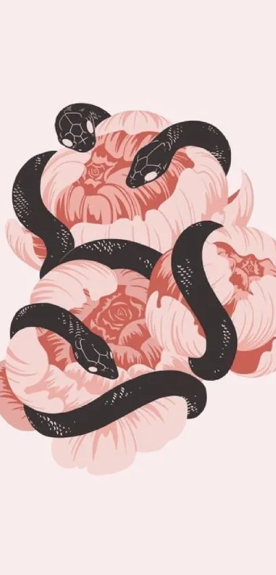 Elegant black snake intertwined with pink flowers on a light backdrop wallpaper.