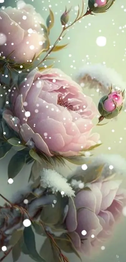 Mobile wallpaper with snow-dusted pink flowers.