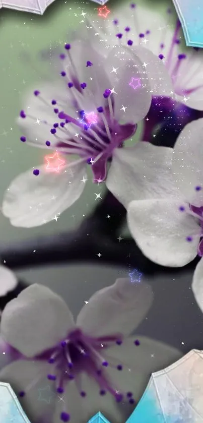 Elegant floral wallpaper with purple petals and sparkling accents.