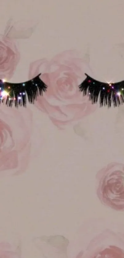 Stylish floral wallpaper with sparkly eyelashes on pale pink background.