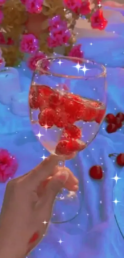 Glass with cherries surrounded by colorful flowers.