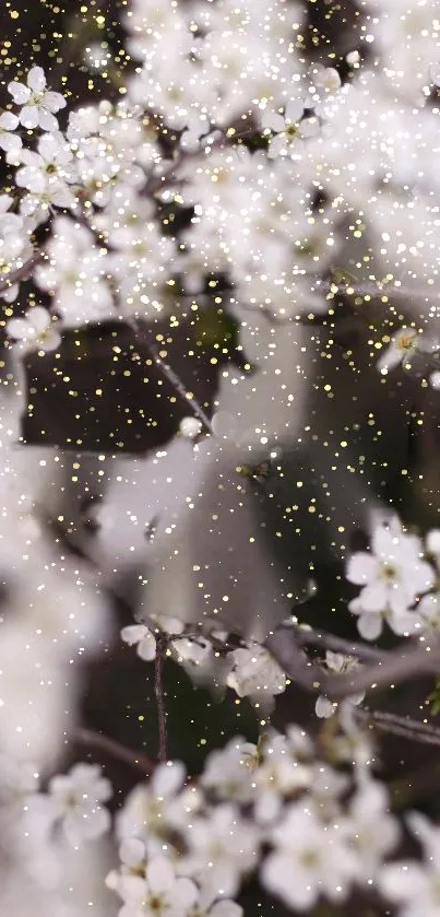 White blossoms with golden sparkles create a stunning wallpaper.