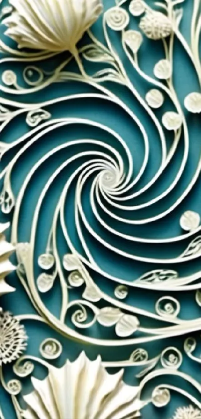 Elegant floral spiral art with teal background.