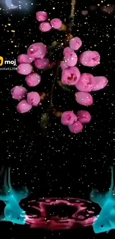 Pink flowers with starry background wallpaper.