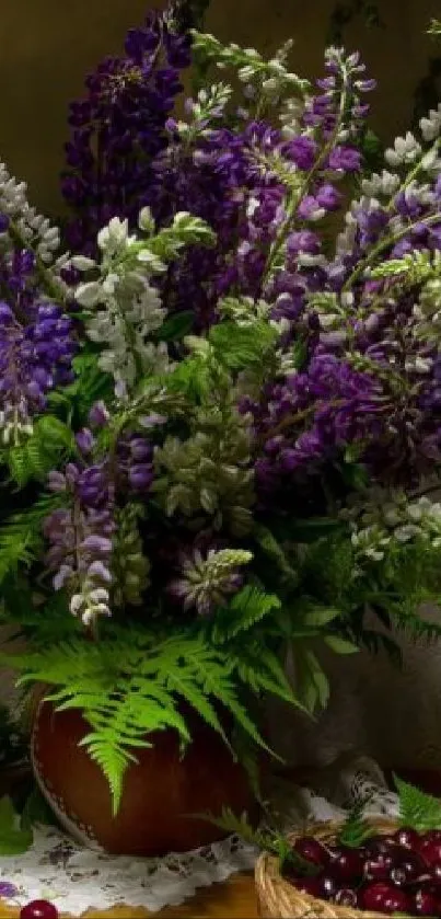 Beautiful floral still life with purple flowers and green leaves, perfect for wallpapers.