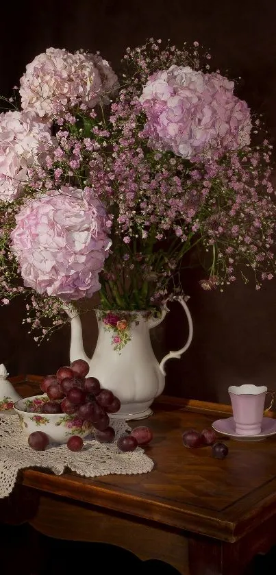 Elegant floral still life with pink hydrangeas on a classic wooden table.