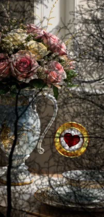 Elegant floral vase with mystical overlay on mobile wallpaper.