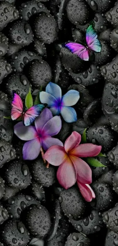 Colorful flowers and butterflies on black stones.