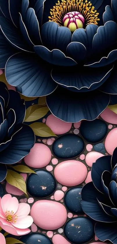 Elegant wallpaper with blue flowers and pink stones.