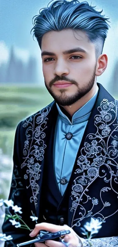 Young man in embroidered suit amidst nature, blue tones dominate palette.