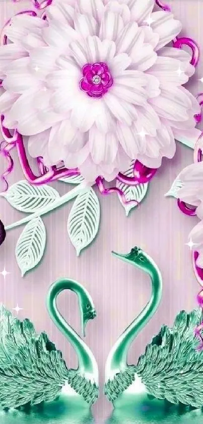 Elegant wallpaper with pink flowers and swans.