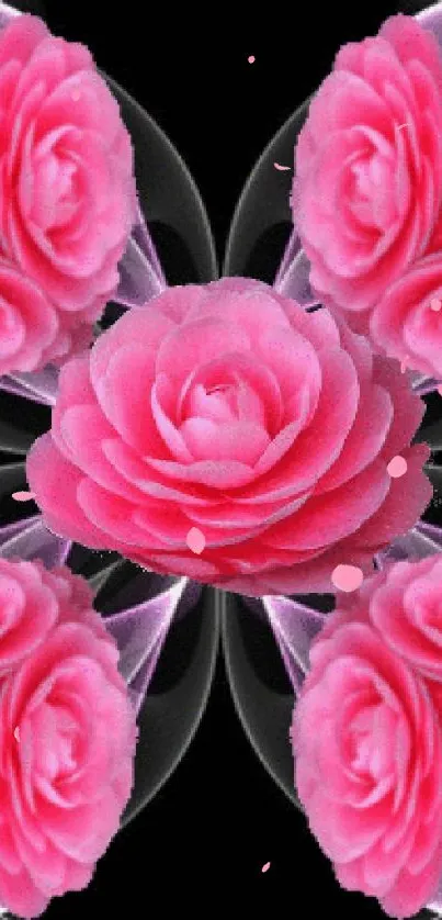 Symmetric pattern with vibrant pink roses and black backdrop.