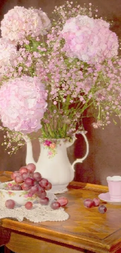 Elegant pink hydrangeas in vase on wooden table.