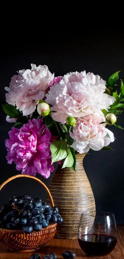 Elegant floral wallpaper with peonies and rustic decor.