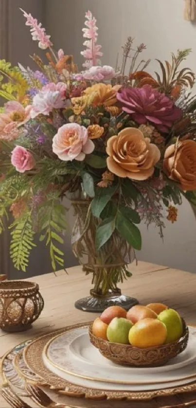 Elegant floral arrangement on dining table.