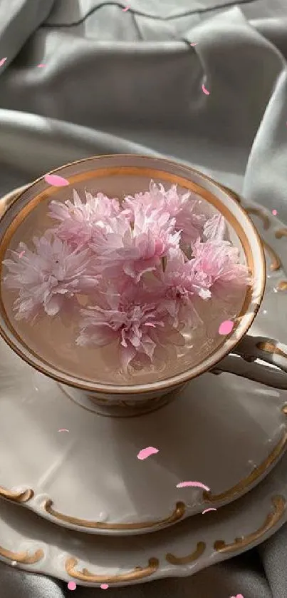 Elegant teacup with pink flowers on silk.