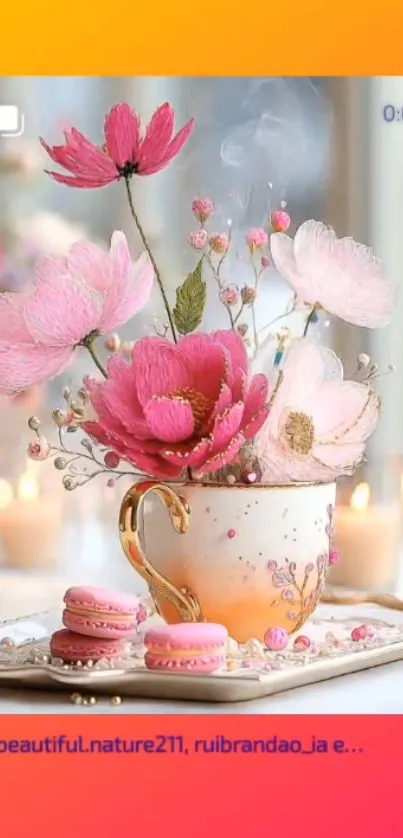 A elegant tea cup with pink flowers on orange background.