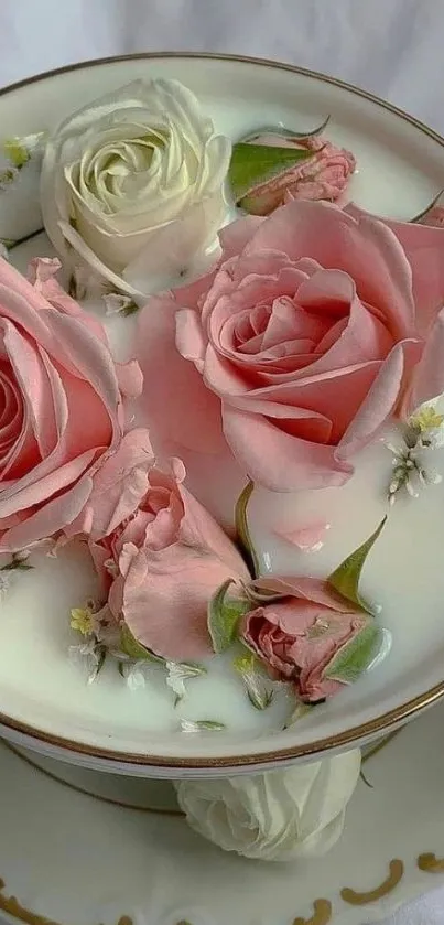 Elegant tea cup with pink and white roses floating in milk.