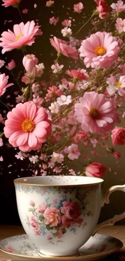 Tea cup with cascading pink flowers wallpaper.