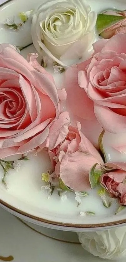 Elegant pink and white roses in a bowl.