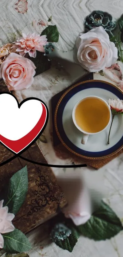 Vintage floral arrangement with tea cup and book wallpaper.