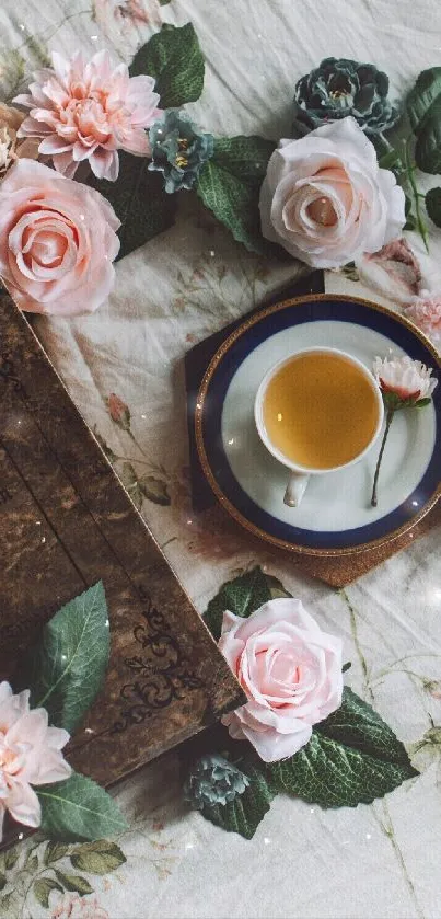 Vintage book and floral tea setting mobile wallpaper.