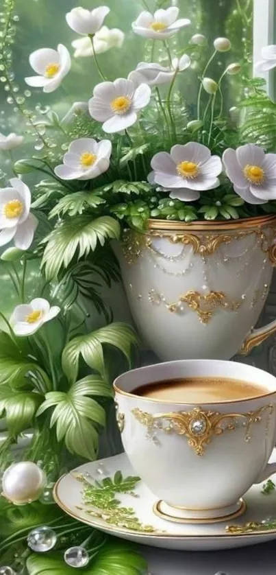 Floral teacup design with white flowers and greenery.