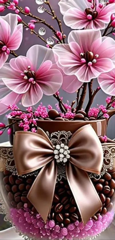 Elegant teacup with pink blossoms and a satin bow.