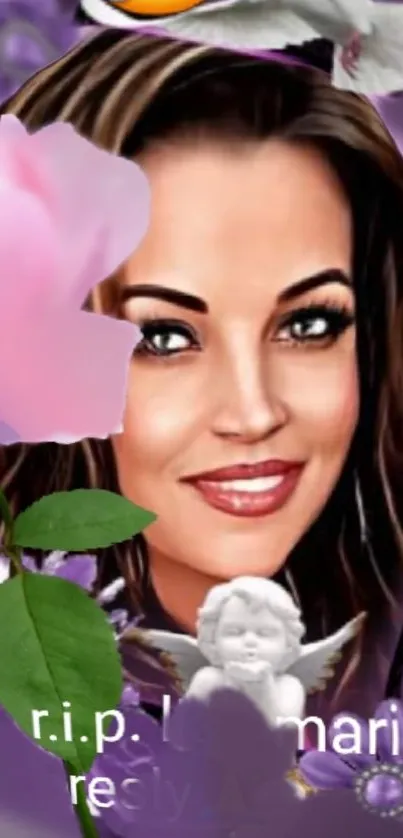 Floral tribute wallpaper with angelic figure and purple tones.