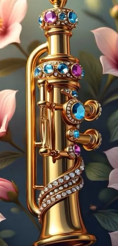 Golden trumpet with jewel details amidst pink flowers, elegant and artistic.