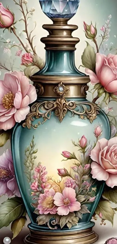 Elegant vase with lush flowers and ornate design, mobile wallpaper.